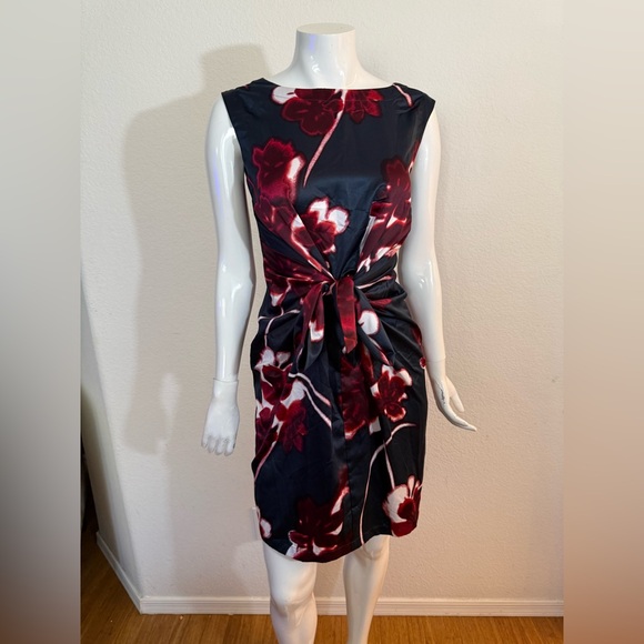 Ann Taylor Dresses & Skirts - Ann Taylor Black Sleeveless Midi Dress with Burgundy Floral Print and Tie-Waist